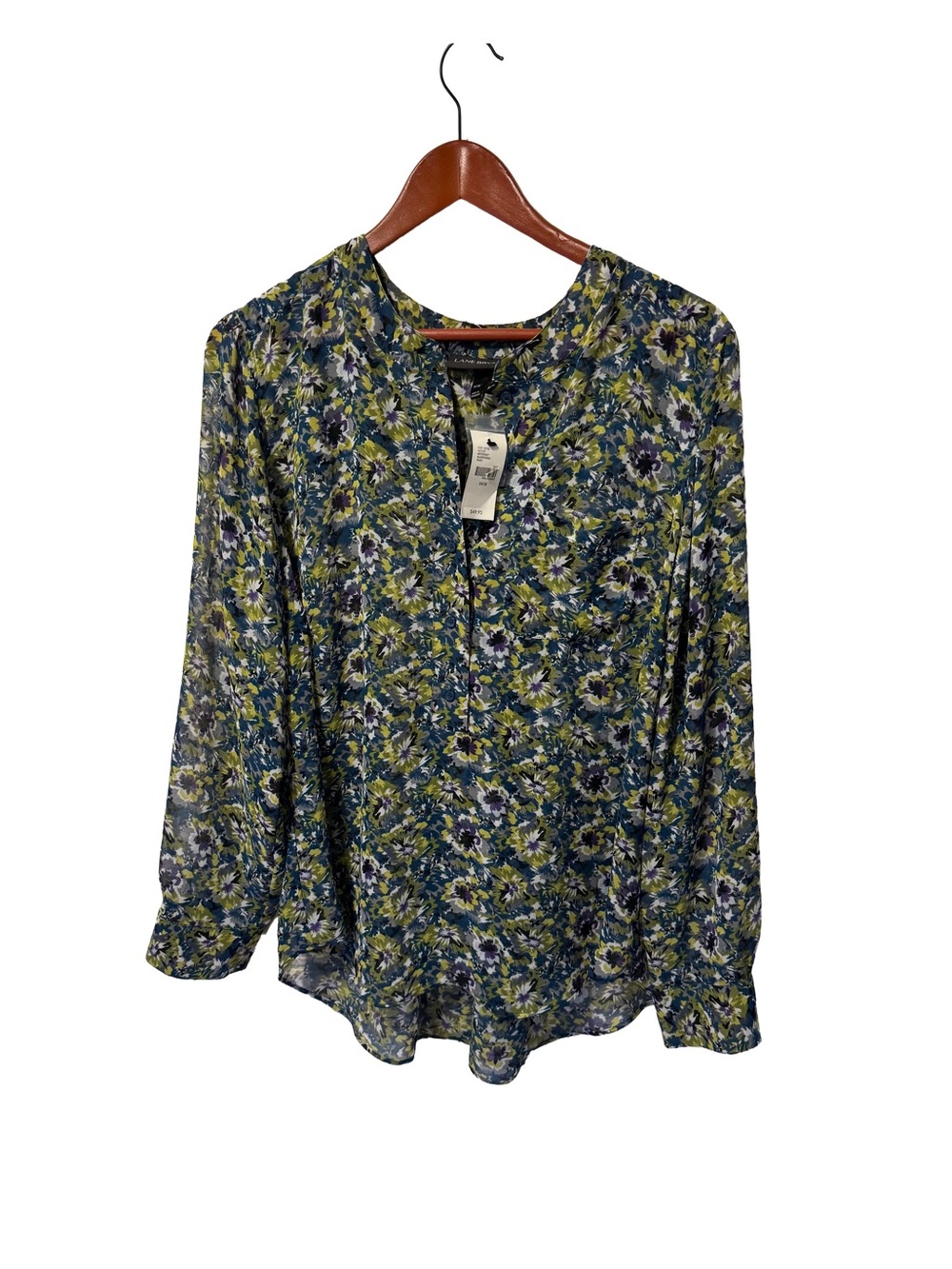 Lane Bryant Floral V-Neck Long Sleeve Sheer Blouse - Green/Blue/purple